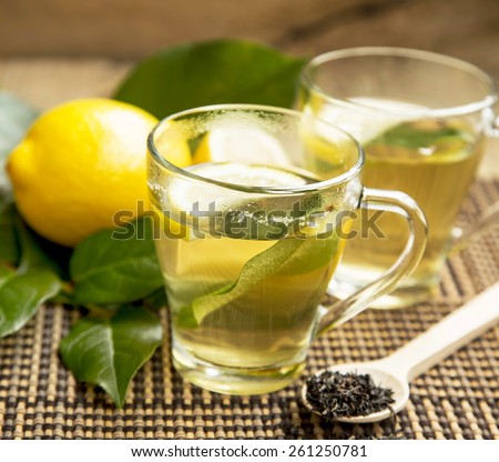 Fresh Green Tea with Lemon in Transparent Cups, Healthy Detox Tea
