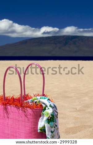 Vacation Time pink beach bag sitting on a beach  against a blue sky with with clouds