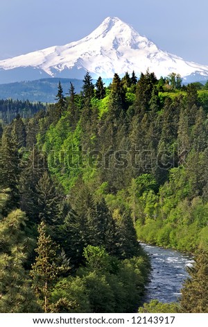 Mt. Hood, Oregon, with a river running in the foreground