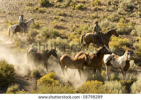 Two Cowboys gathering up their horses in early morning light