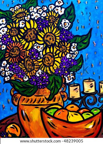Beautiful, colorful, bright, still life acrylic painting of a vase of flowers and fruit