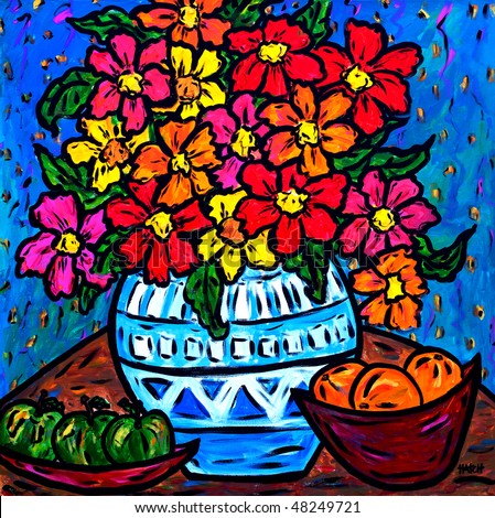 Bright Colorful, Artwork, Oil on Canvas, Floral Bouquet
