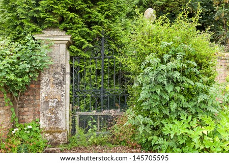 Wrought iron gates which are overgrown and abandoned.