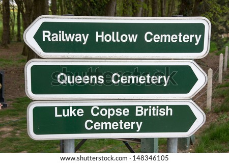 Roadside direction signs for the many Commonwealth War Graves on the Serre Road where many died during the first days of the Somme offensive attacking nearby Serre a German stronghold.