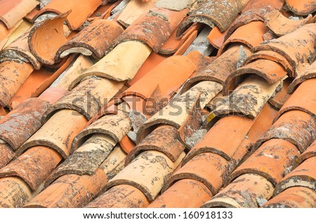 Closeup of old and damaged roof tiles in Dubrovnik