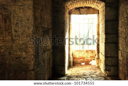 Medieval castle window with strong sunlight