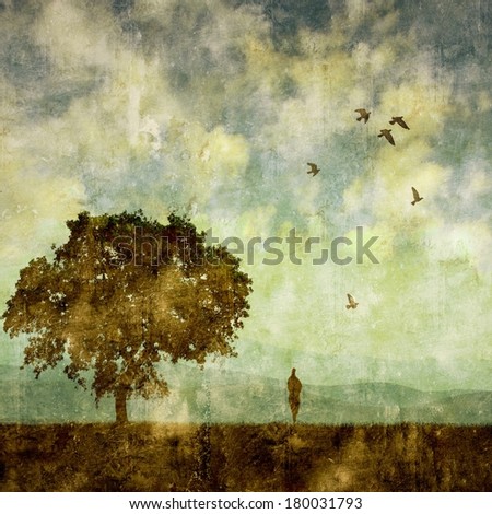 Vintage landscape with tree and small human figure