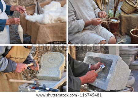 Ancient arts and crafts. Hands detail of craftsmen at work. Collection of pictures