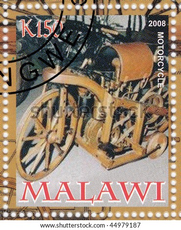 Malawi - Circa 2008 :Stamp Printed In Malawi, First Motorcycle Of Gottlieb Daimler - German Engineer, Industrial Designer And 