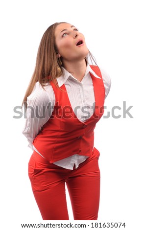 Funny woman in red jacket with different funny emotions