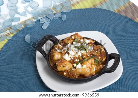 Greek shrimp with Feta on Blue with Glass Shards