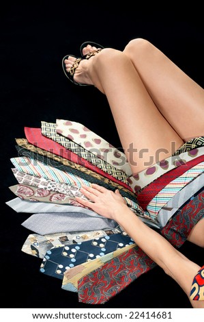 Woman covered with multicoloured neckties