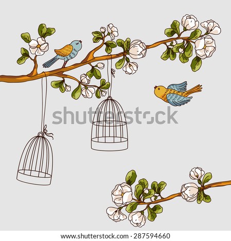 Romantic floral background. Birds out of cages. Spring birds flying on the branch