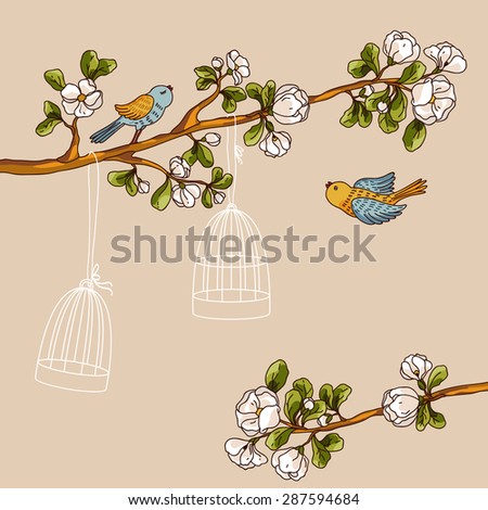 Vector romantic floral background. Birds out of cages. Spring birds flying on the branch