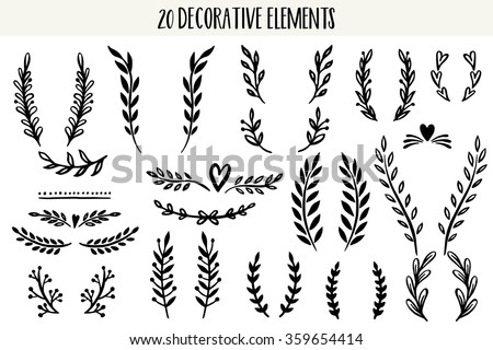 Set of hand drawn vector circular decorative elements for your design. Leaves, swirls, floral elements.