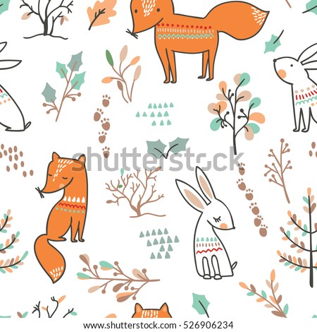 Winter forest background with animals and trees. Seamless pattern.