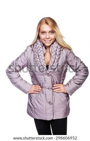 Young beautiful blonde girl in a pale purple jacket with a collar, made in the style of \