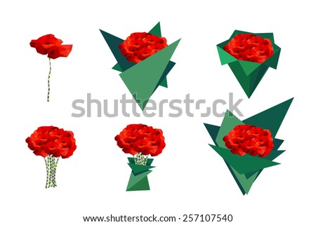 Set bouquets of poppies. Vector icons for use in design.