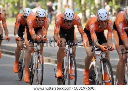 TURIN, ITALY - MAY 7. Euskadi Team during the first Team Time stage of 2011 Giro d\'Italia on May 7, 2011 in Turin, Italy.