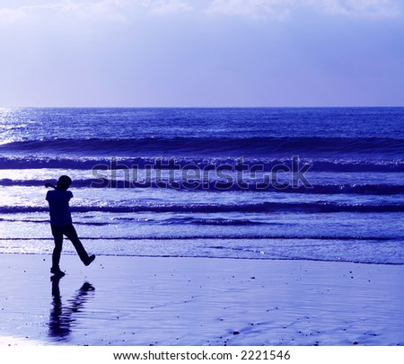 Man throwing rock into the ocean.