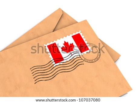 Envelopes with the Canadian flag and postage stamps, part of a series