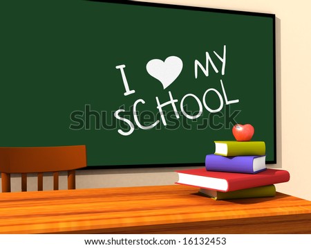 3D render of the inside of a classroom with I love my school written on the chalkboard