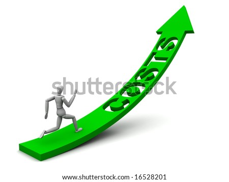 Quality render of a model running up an arrow with the word costs punched out of it. Perfect for use in Business concepts.