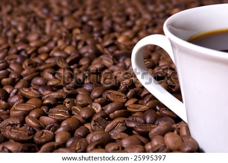 Shallow depth of field closeup of a freshly brewed cup of coffee on a bed of coffee beans