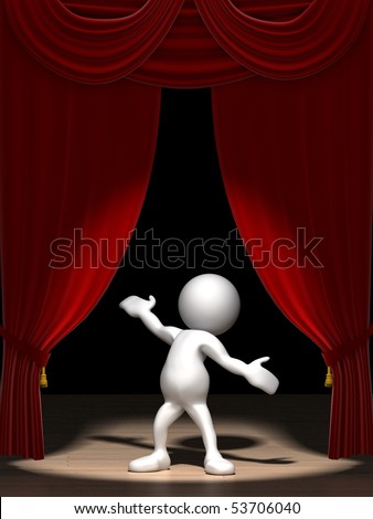 Three dimensional render of a cartoon human figure, standing on a stage in the spotlight with red velvet curtains.