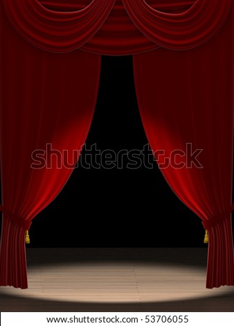 Three dimensional render of red velvet theatre curtains with a spotlight on stage