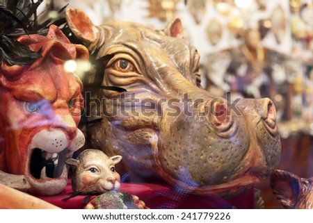 VENICE, ITALY - February 23: Masks with the features of animals exposed in a shop window in the center of Venice during the traditional festival of Carnival on February 23, 2014 in Venice, Italy