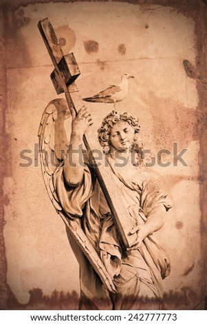 Retro and vintage styled image of a marble statue of an Angel near Saint Angel Bridge in Rome, with a cross in arms and a seagull on the head. A grunge texture is applied as background