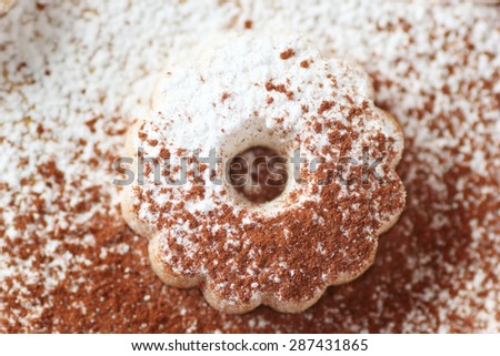 Closeup of an italian canestrelli biscuit sprinkled with icing sugar and cocoa power