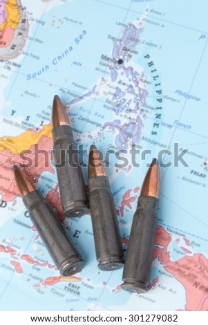 Four bullets on the geographical map of Philippines.