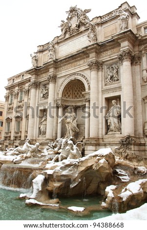 The Trevi Fountain covered by snow, a really rare event in Rome