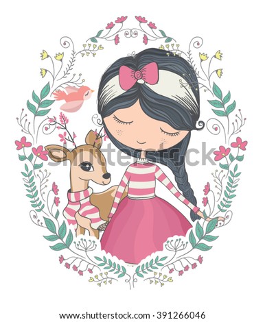 girl vector/T-shirt print/dear vector/animal pattern/animal vector/cute girl vector/Book illustrations for children/Romantic hand drawing poster/cartoon character/For apparel or other uses in vector.