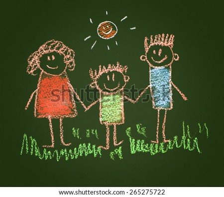 Happy family. Kids drawings. Blackboard