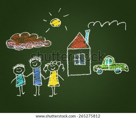 Happy family. Kids drawings. Blackboard
