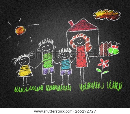 Happy family. Kids drawings. Asphalt drawing