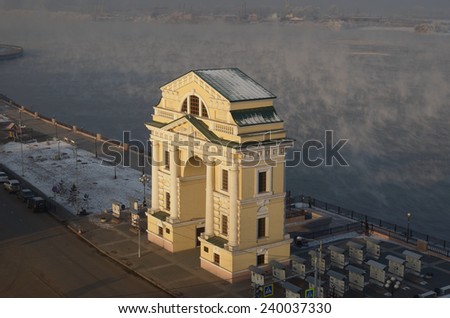 Moscow\'s Gates and floating Angara River. Irkutsk