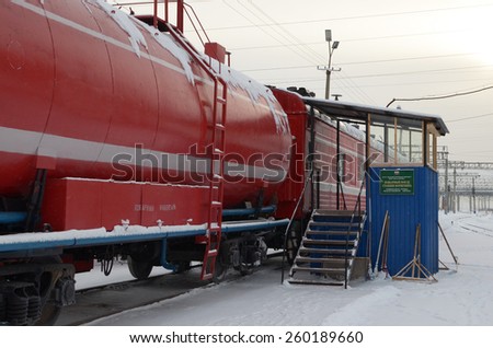Irkutsk region, Russia-Jan,06 2015: Firefighter train of Korshunikha Rail Station. Irkutsk region, Zhelezngorsk-Ilim