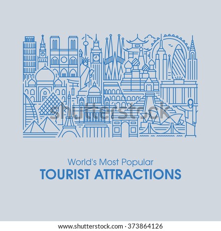 Flat line design style illustration of world\'s most popular tourist attractions. Modern vector background for traveling, summer vacation, tourism and journey concepts