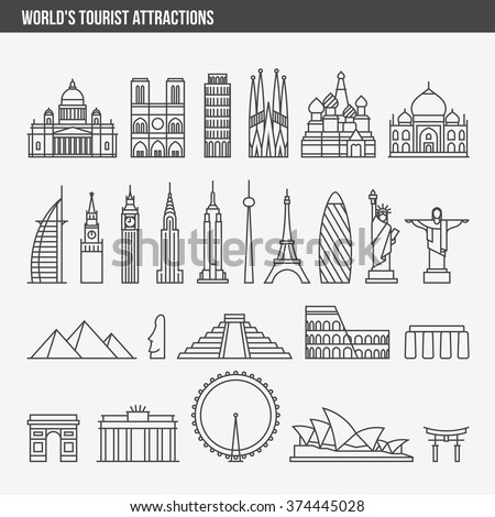 Flat line design style vector illustration icons set and logos of top tourist attractions, historical buildings, towers, monuments, statues, sculptures and modern architecture