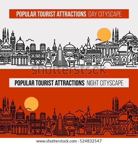 Seamless banner of cityscape with world\'s most popular tourist attractions. Flat line vector  travel, tourism and journey concept