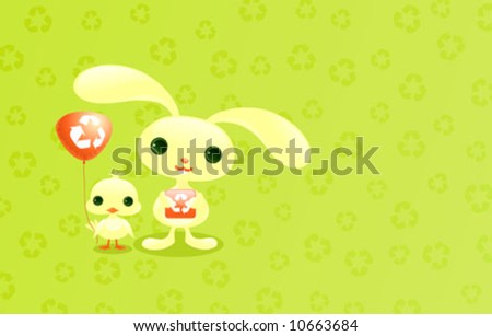 Cute baby animals. Recycling symbol card.