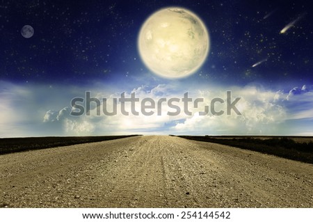 Starry sky and country road. Surreal night landscape