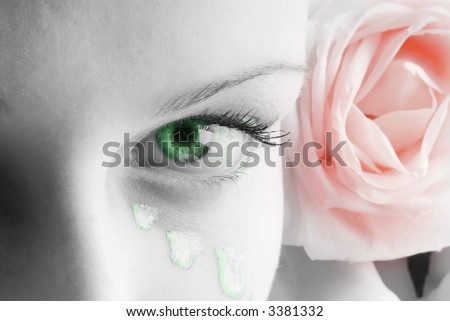 beautiful close up of a green eye and a pink rose and petals painted as tears