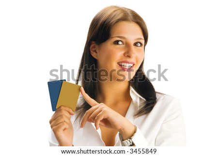 stock photo cute brunette showing blank credit card and smiling like in a