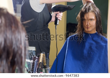nice girl in a beauty salon while an hair stylist brush and dry her hair