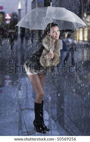 black and white umbrella photography. stock photo : pretty brunette